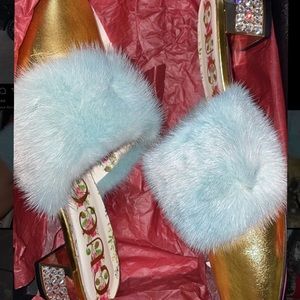 Gucci Metallic Gold Leather & Blue Mink Slides